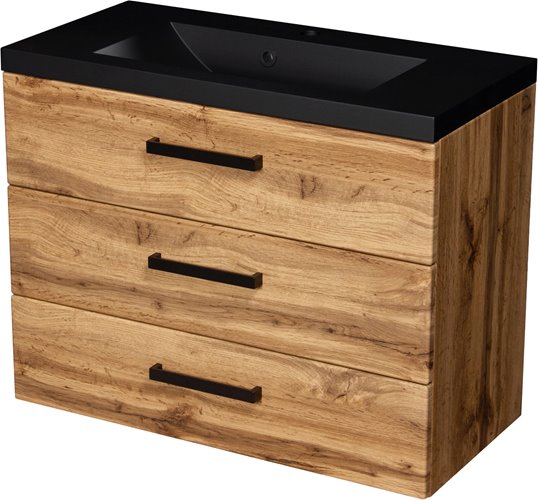 Szafka wisząca z czarną matową umywalką 80 cm kolor dąb naturalny 39/3 seria Fokus Loft Gante