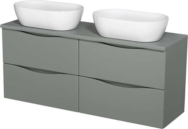 Szafka łazienkowa wisząca ONDA 120 cm szałwiowa z białymi umywalkami Gante