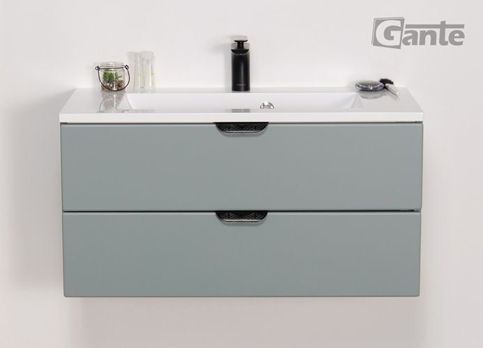 Miętowa szafka łazienkowa wisząca z umywalką czarny uchwyt 80 cm Magnolia