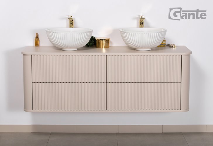 Szafka łazienkowa wisząca ryflowane fronty z umywalką LILIA 140 cm piaskowy mat z umywalką Gante