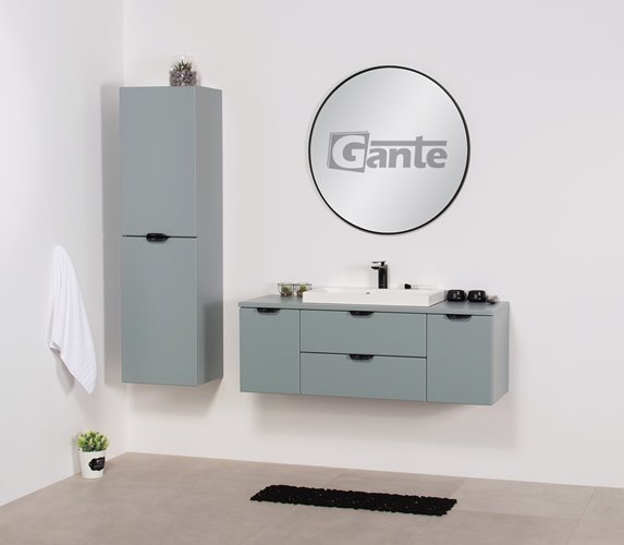 Miętowa szafka łazienkowa wisząca z białą umywalką nablatową czarny uchwyt 120 cm Magnolia