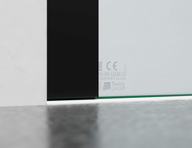 Drzwi prysznicowe rozsuwane prawe/lewe do wnęki 121-127 cm szkło 8mm mleczne profile czarny mat Swiss Liniger