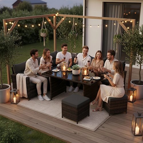 Zestaw mebli ogrodowych z technorattanu narożnik, stół, pufy Toledo brąz zdjęcie 6