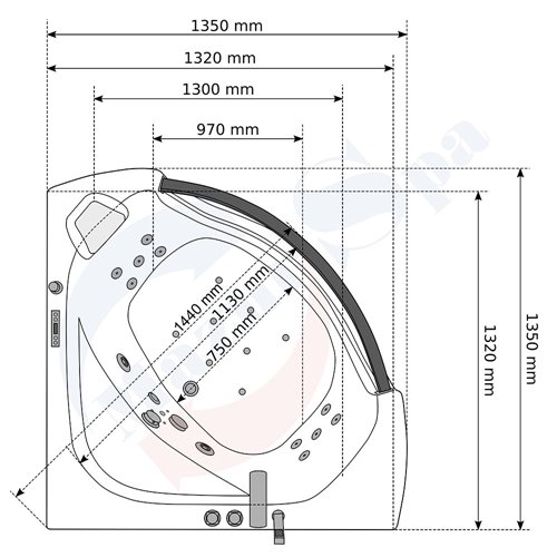 Wanna z hydromasażem narożna 135x135 cm MO-0057 niebieski zagłówek