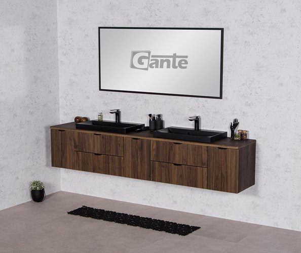 Szafka łazienkowa z lamelami wisząca z dwiema czarnymi umywalkami nablatowymi 210 cm 39/2 Victa Lamello kolor orzech