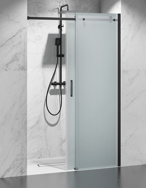 Drzwi prysznicowe rozsuwane prawe/lewe do wnęki 92-101 cm szkło 8mm mleczne profile czarny mat Swiss Liniger
