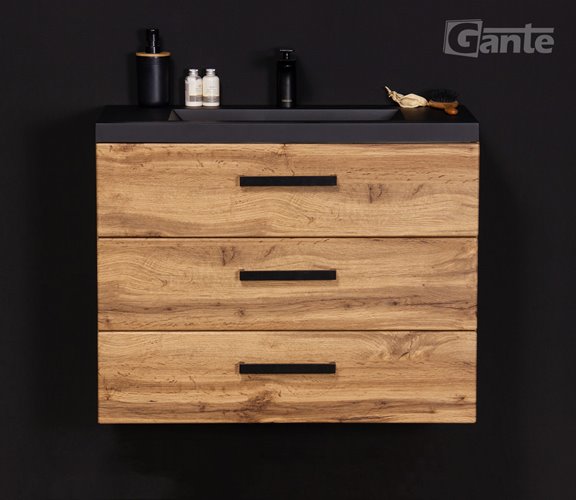 Szafka wisząca z czarną matową umywalką 80 cm kolor dąb naturalny 39/3 seria Fokus Loft Gante