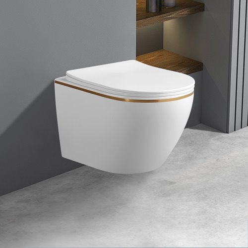 Biała miska wc wisząca złoty rant Mizu Rimless 4.0 MIZU-WH-GL-RIM-03 Hydrosan
