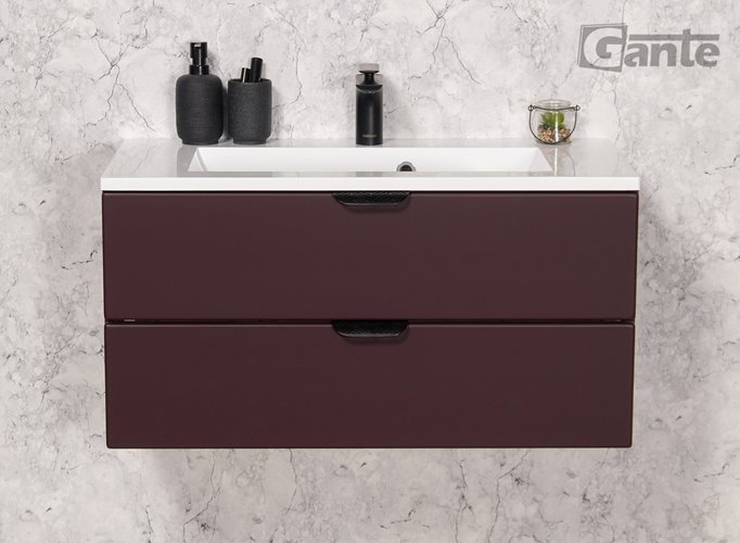 Burgundowa szafka łazienkowa wisząca z umywalką czarny uchwyt 80 cm Magnolia