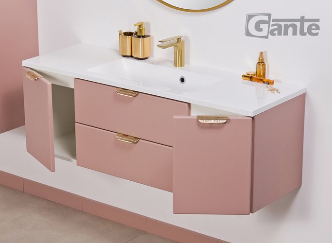 Szafka łazienkowa pudrowy róż z umywalką złoty uchwyt 120 cm Magnolia Gante