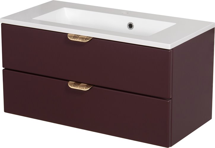 Burgundowa szafka łazienkowa wisząca z umywalką złoty uchwyt 80 cm Magnolia