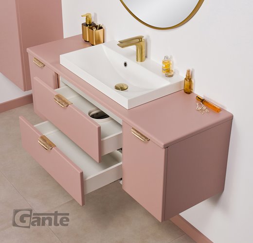 Szafka łazienkowa pudrowy róż z umywalką nablatową złoty uchwyt 120 cm Magnolia Gante