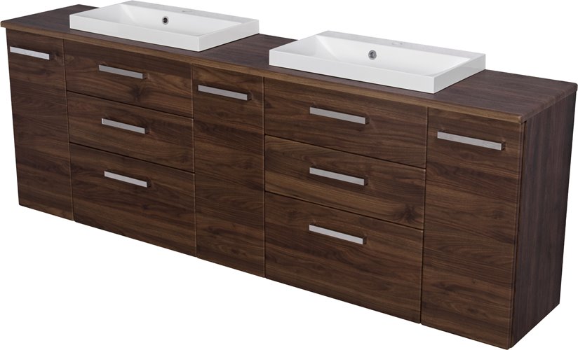 Szafka łazienkowa wisząca z dwiema umywalkami nablatowymi 210 cm 39/3 Fokus kolor orzech