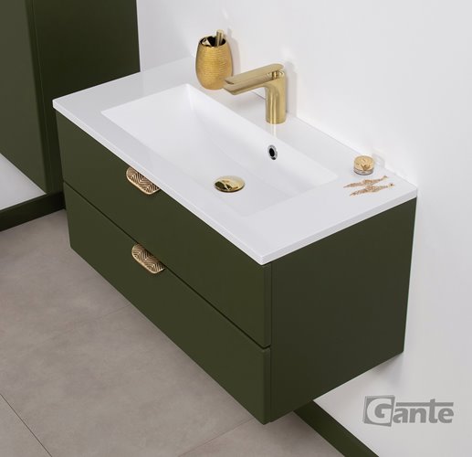 Oliwkowa szafka łazienkowa wisząca z umywalką złoty uchwyt 80 cm Magnolia