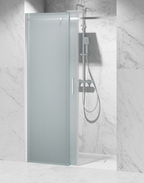 Drzwi prysznicowe rozsuwane prawe/lewe do wnęki 102-111 cm szkło 8mm mleczne profile chrom Swiss Liniger