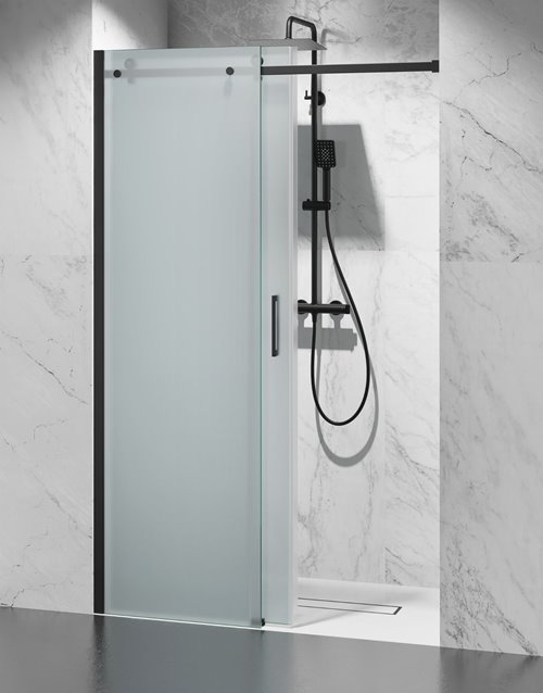 Drzwi prysznicowe rozsuwane prawe/lewe do wnęki 92-101 cm szkło 8mm mleczne profile czarny mat Swiss Liniger