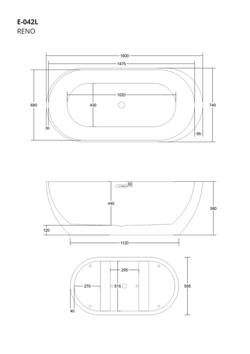 Wanna akrylowa, wolnostojąca Reno Corsan 160 cm korek klik-klak czarny