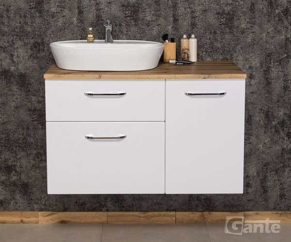 Szafka łazienkowa wisząca z umywalką nablatową i koszem 100 cm SETTO MODULO kolor biały połysk