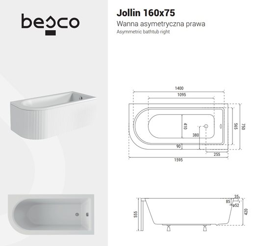 Wanna akrylowa asymetryczna Jollin Besco 160 cm Prawa zdjęcie 8