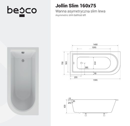 Wanna akrylowa do zabudowy asymetryczna Jollin Slim Besco 160 cm Lewa zdjęcie 4
