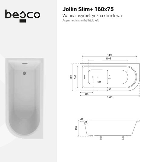 Wanna akrylowa do zabudowy asymetryczna Jollin Slim+ Besco 160 cm Lewa zdjęcie 3