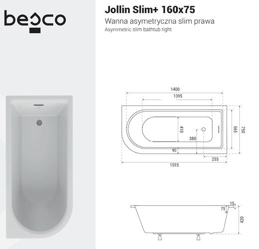 Wanna akrylowa do zabudowy asymetryczna Jollin Slim+ Besco 160 cm Prawa zdjęcie 3