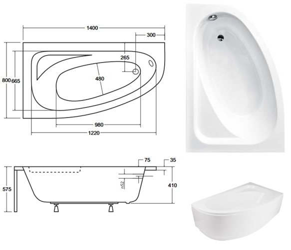 Wanna asymetryczna 140 cm Cornea Besco Lewa zdjęcie 5