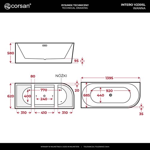 Wanna narożna przyścienna 140 cm Intero V230 Corsan Lewa zdjęcie 31