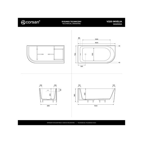 Wanna narożna przyścienna 160 cm Corsan Invelia V220 Lewa zdjęcie 28
