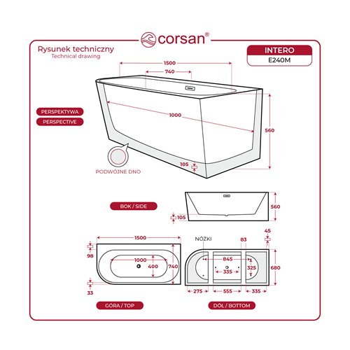 Wanna narożna przyścienna z półką 150 cm Intero E240 Corsan Prawa zdjęcie 10