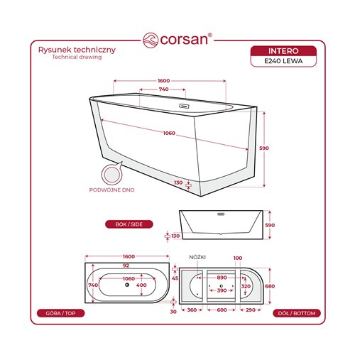 Wymiary wanny Corsan Intero E240 160 cm