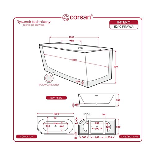 Wanna narożna przyścienna z półką 160 cm Intero E240 Corsan Prawa zdjęcie 10