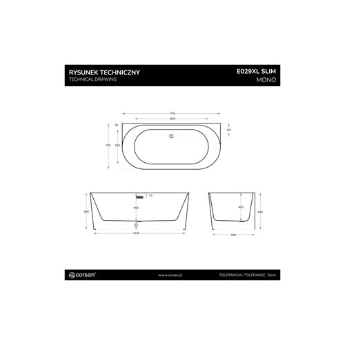 Wanna przyścienna Corsan Mono Slim E029 170 cm zdjęcie 33