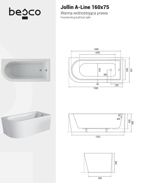 Wanna przyścienna napełniana przez przelew Jollin A-Line Besco 160 cm Prawa zdjęcie 4