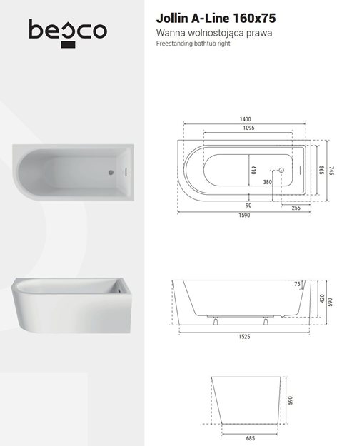 Wanna wolnostojąca przyścienna z kabiną Jollin A-Line Icon Besco 160 cm prawa zdjęcie 10