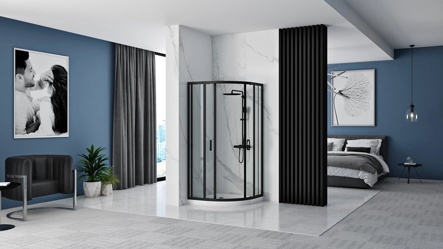 Czarna asymetryczna kabina prysznicowa z brodzikiem 100x80 cm Look Rea Black Lewa