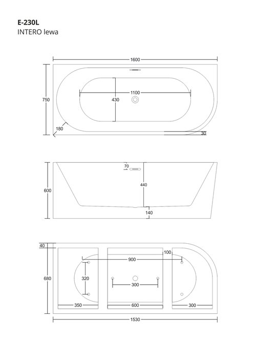 Wanna narożna przyścienna 160 cm Intero Corsan Lewa korek klik-klak chrom