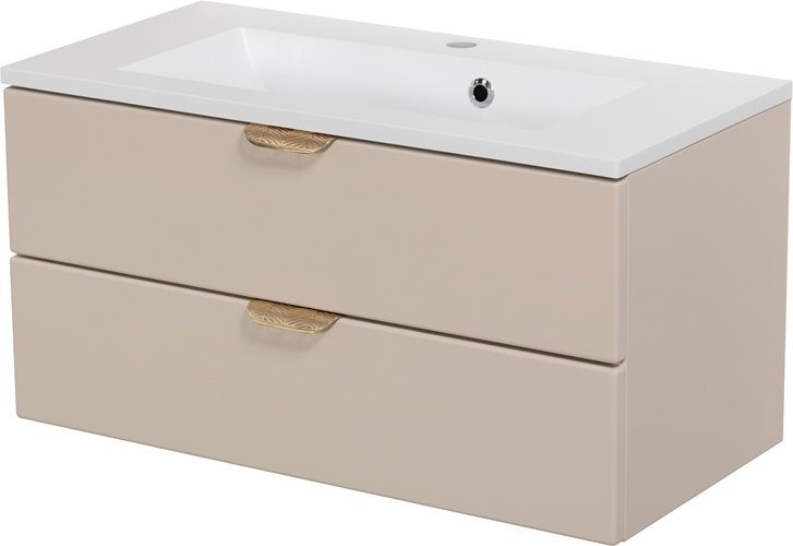 Piaskowa szafka łazienkowa wisząca z umywalką złoty uchwyt 80 cm Magnolia