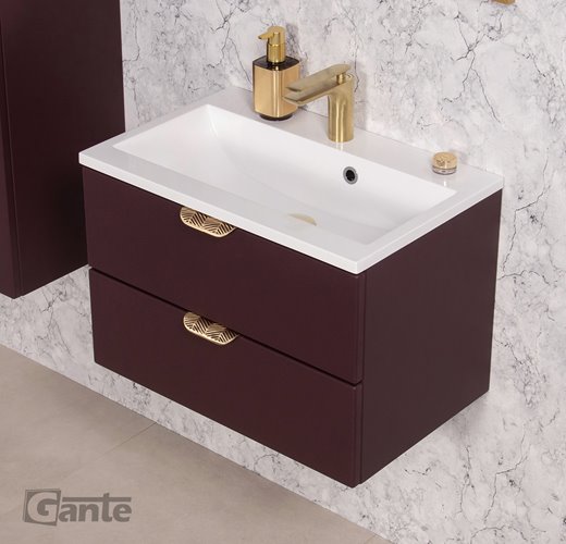 Burgundowa szafka łazienkowa wisząca z umywalką złoty uchwyt 60 cm Magnolia