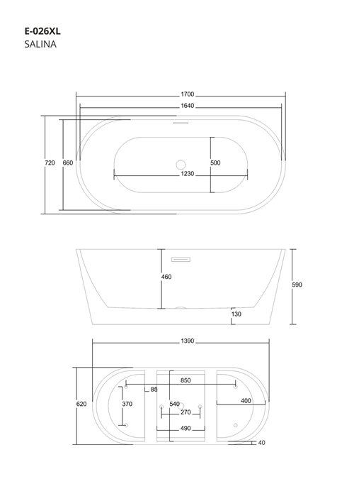 Wanna akrylowa, wolnostojąca Salina Corsan 160 cm korek klik-klak chrom