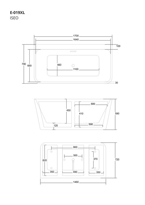 Wanna akrylowa, przyścienna wolnostojąca Iseo Corsan 170 cm korek klik-klak grafit
