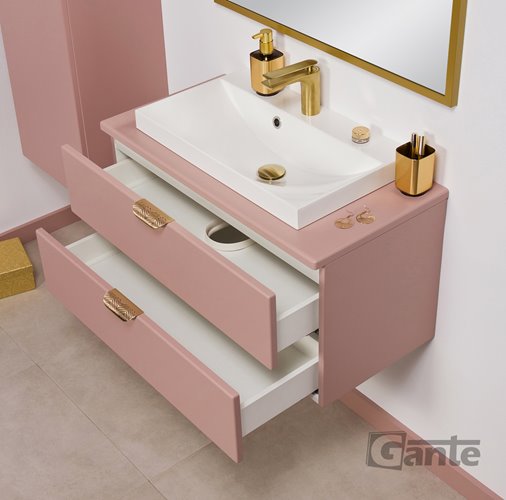 Szafka łazienkowa pudrowy róż z umywalką nablatową złoty uchwyt 80 cm Magnolia Gante