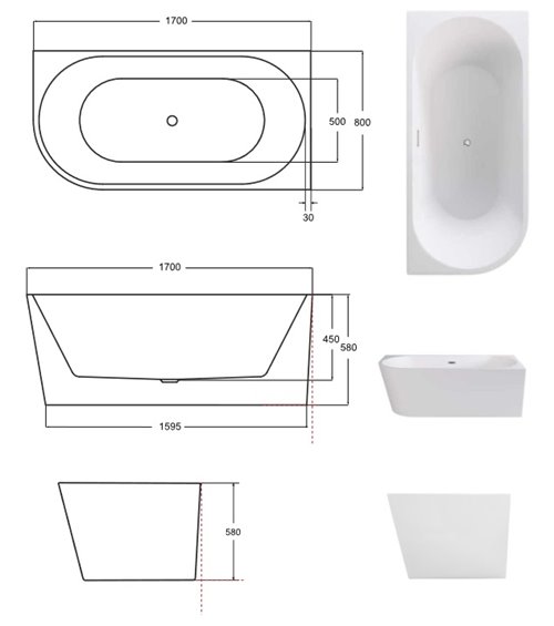 Wanna przyścienna czarno-biała narożna prawa syfon z przelewem chrom 170 cm Zoya B&W Besco WAS-170ZBP