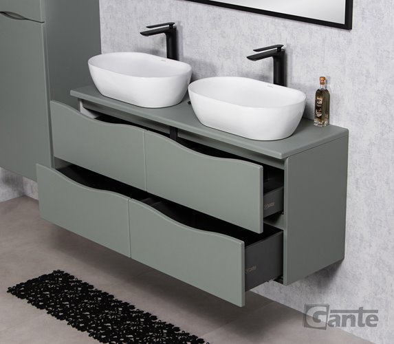 Szafka łazienkowa wisząca ONDA 120 cm szałwiowa z białymi umywalkami Gante