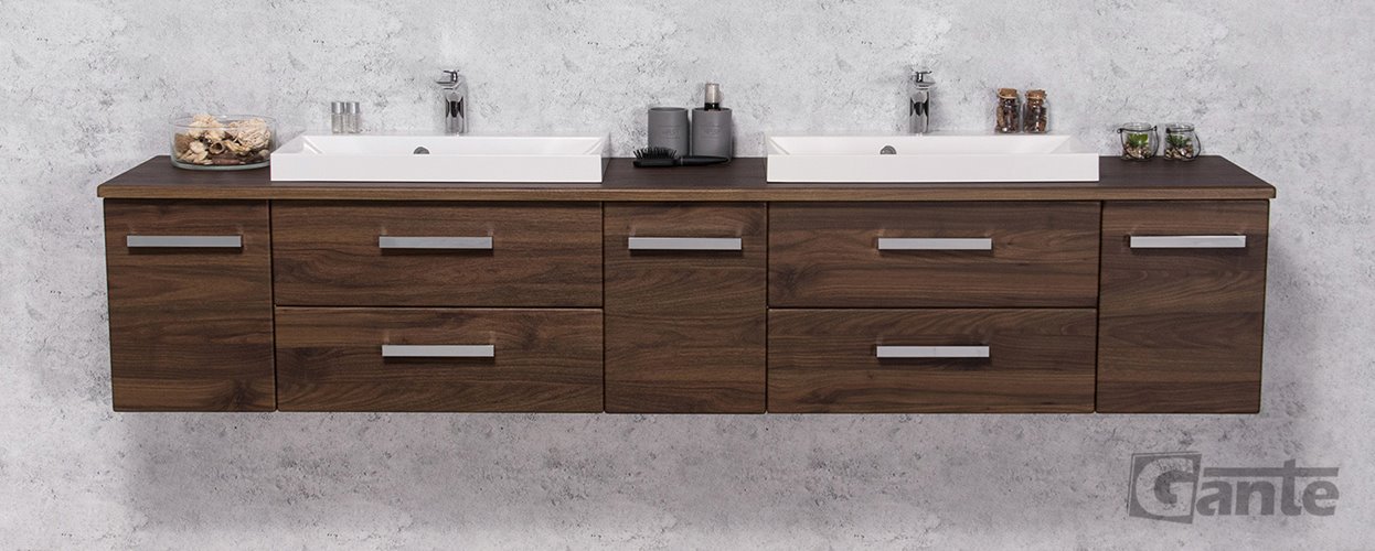 Szafka łazienkowa wisząca z dwiema umywalkami nablatowymi 210 cm 39/2 Fokus kolor orzech