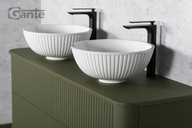 Szafka łazienkowa wisząca ryflowane fronty z umywalką LILIA 140 cm oliwkowy mat z umywalką Gante