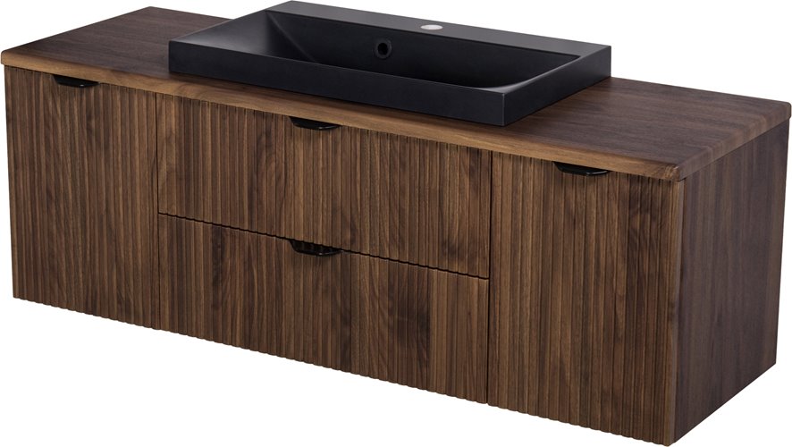 Szafka łazienkowa z lamelami wisząca z czarną umywalką nablatową 120 cm 39/2 Victa Lamello kolor orzech