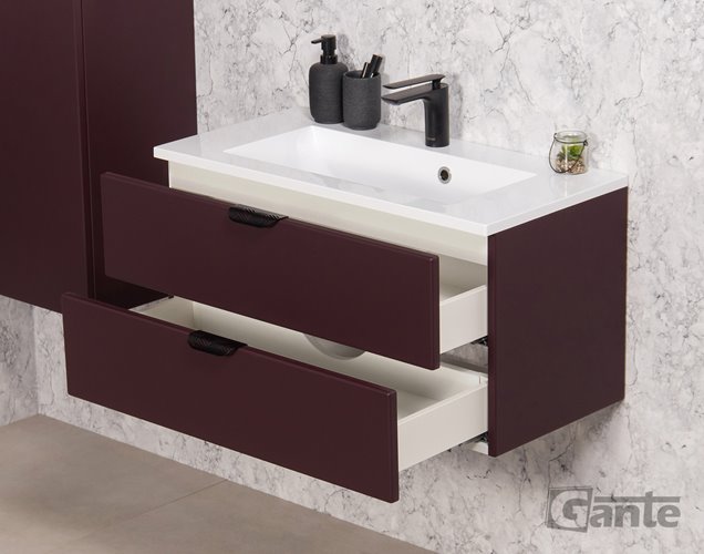 Burgundowa szafka łazienkowa wisząca z umywalką czarny uchwyt 80 cm Magnolia