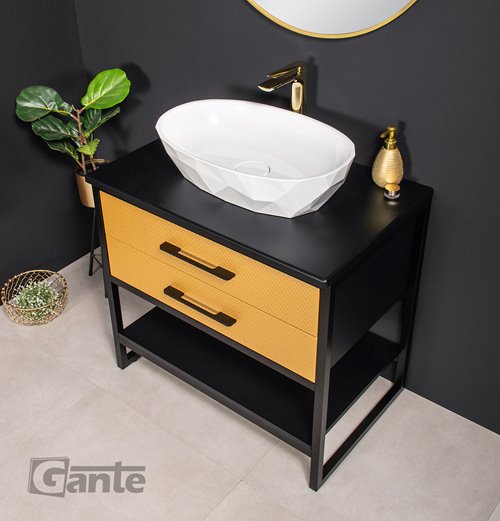 Szafka stojąca z białą umywalką kolor czarno złoty loft 80 cm seria New York