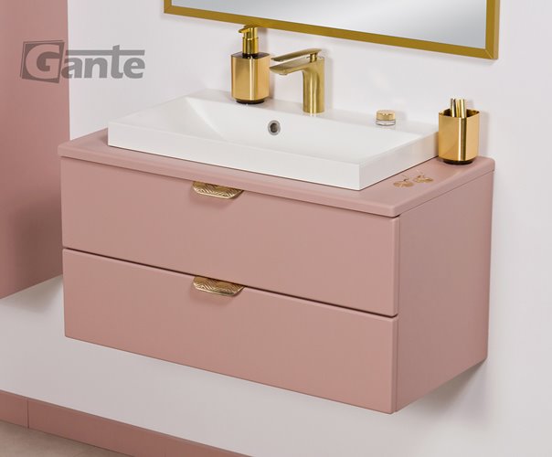 Szafka łazienkowa pudrowy róż z umywalką nablatową złoty uchwyt 80 cm Magnolia Gante